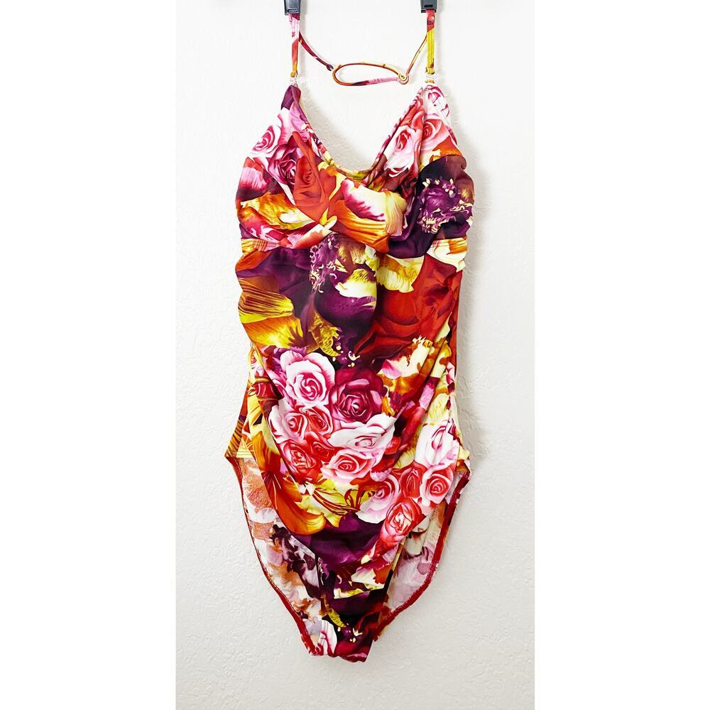 Newport News Swim Women's One Piece Shirred Orange Red Pink Rose Print Wired NWT